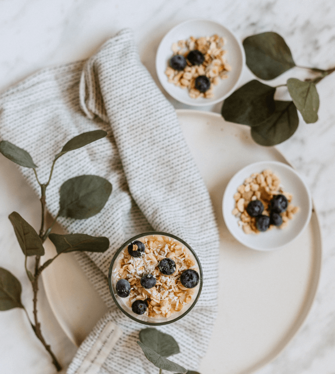 gesudes Müsli mit Heidelbeere neben Eukalyptus 